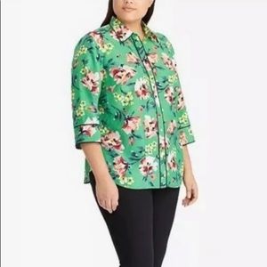 Lauren Ralph Lauren Green Floral Three Quarter Button Blouse - XL